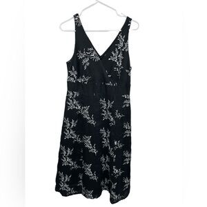 Peter Nygard Womens Fit &Flare Dress Black Floral Tie Waist V Neck Linen Medium